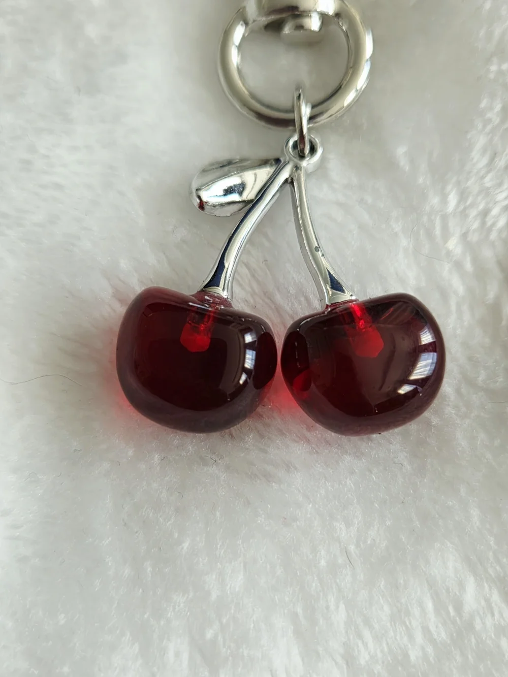 Silver Heart Keychain with Red Cherry Bag Charm Beautifu Fruit Purse Charm